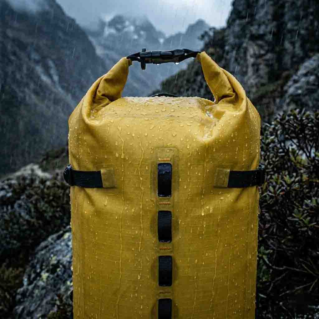 Ultralight waterproof hiking backpack with roll top closure deployed during a severe mountain downpour