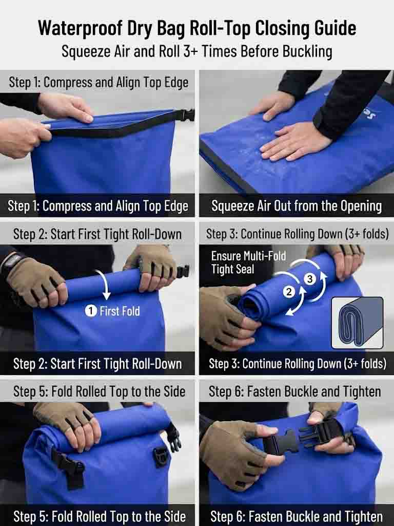 Correctly rolling a dry bag top at least three times before clipping the buckle