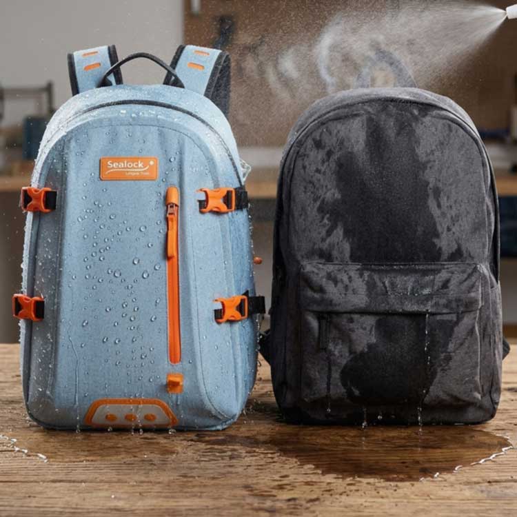 Waterproof laptop bag beading water beside a water-resistant bag soaking through