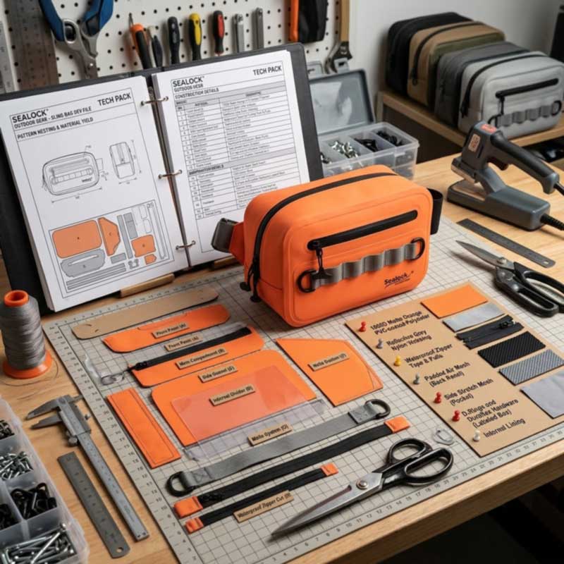 Sling bag tech pack, pattern pieces, material swatches and a first sample on a development bench
